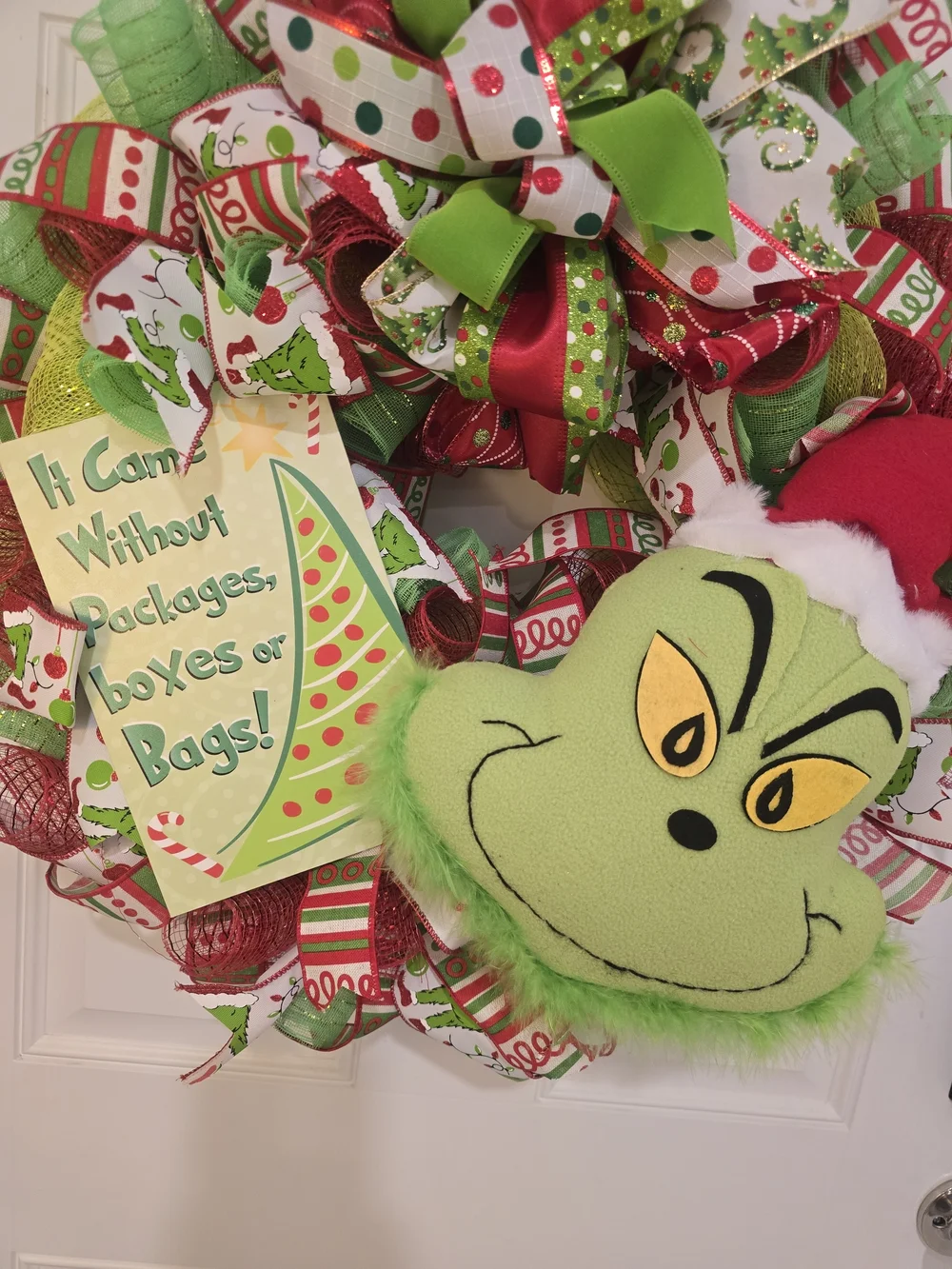Grinch Holiday Ribbon Wreath with Plush Face Monster Christmas
